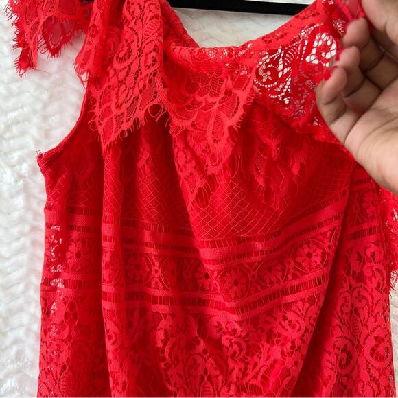 Love Fire One Shoulder Red Floral Lace Mini Dress Side Medium NWT - Picture 6 of 11